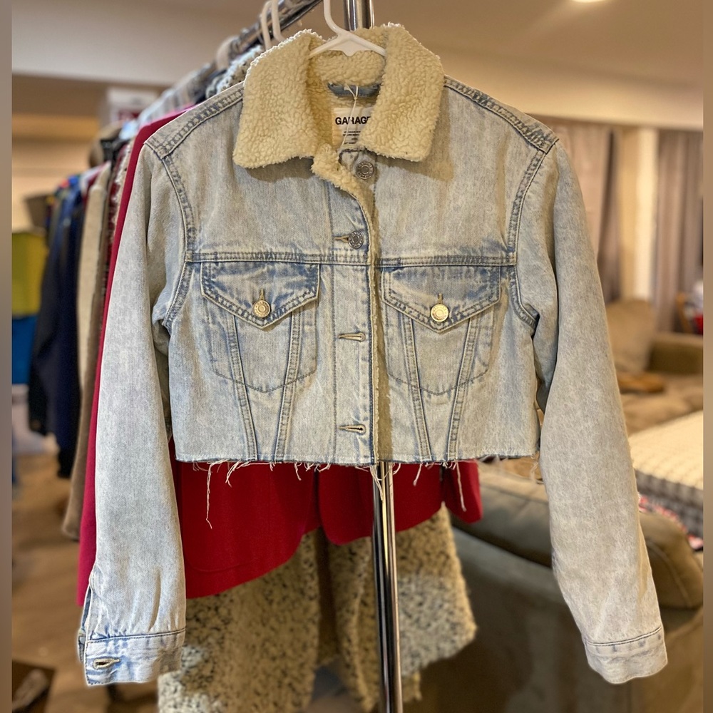 Garage Crop Denim Jacket with Shearling Lining - Size XS